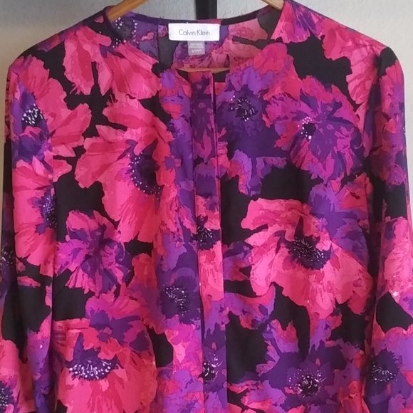 Calvin Klein Orchid Floral Button Up Bell Sleeve Blouse - Picture 3 of 8